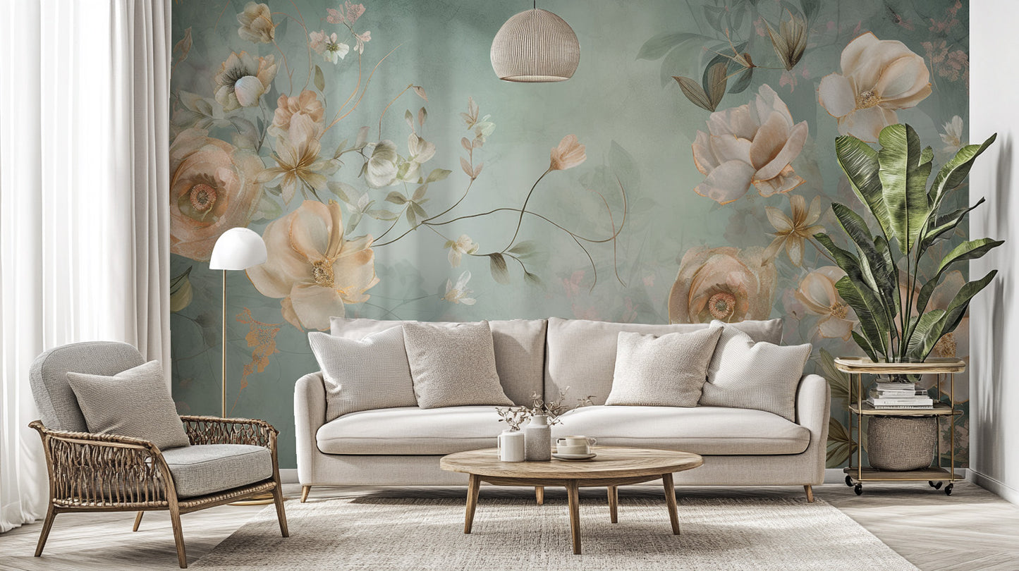 Delicate Blooming Flower mural with peach and cream blooms on a sage wall behind a cream sofa in a living room