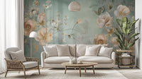 Delicate Blooming Flower mural with peach and cream blooms on a sage wall behind a cream sofa in a living room