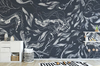 Elegant navy marine life wallpaper with jellyfish and sea creatures.
