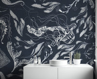 Navy marine life wallpaper with jellyfish, seahorses, and fish.
