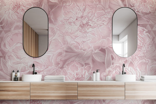 Pastel lavender peony floral wallpaper with geometric accents

