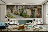 The wall mural is installed on a living room feature wall.

