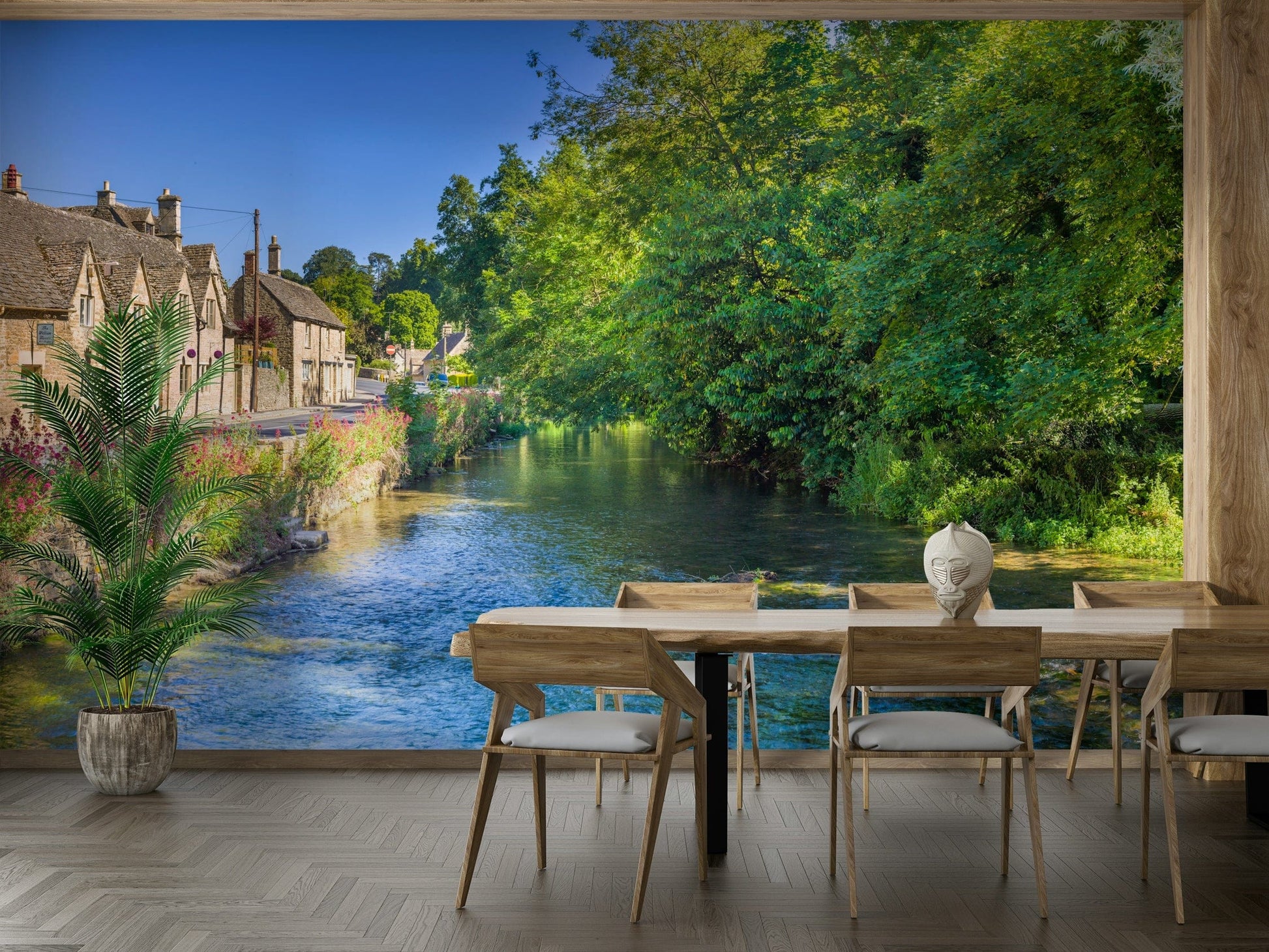 An artistic Bibury stream mural on minimalist wallpaper.

