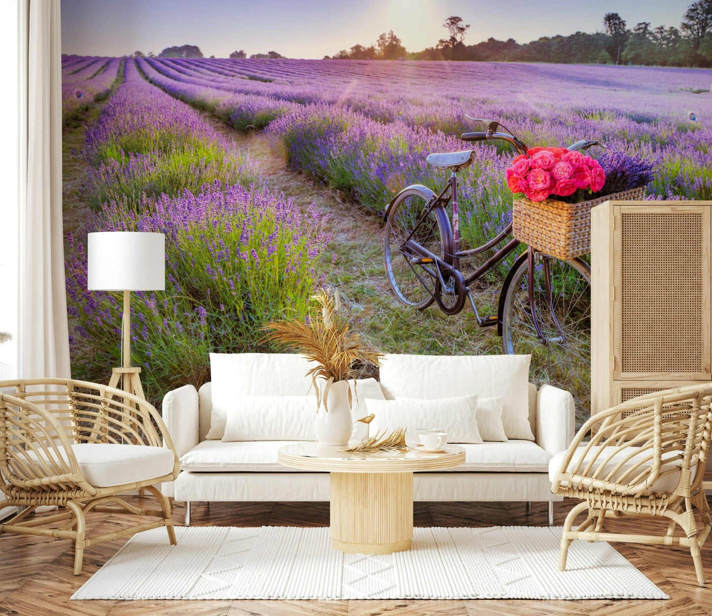 Pastoral wall covering, Bicycle in a Lavender Field, vintage cycle, floral charm.