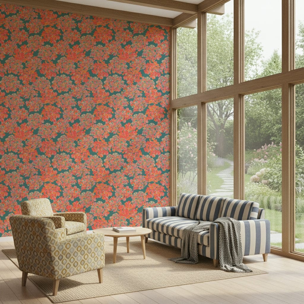 Muted orange flowers decorate this floral wallpaper.