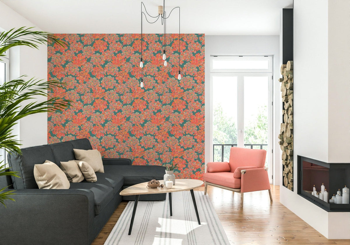 Vibrant apricot hydrangeas cover this teal wallpaper.