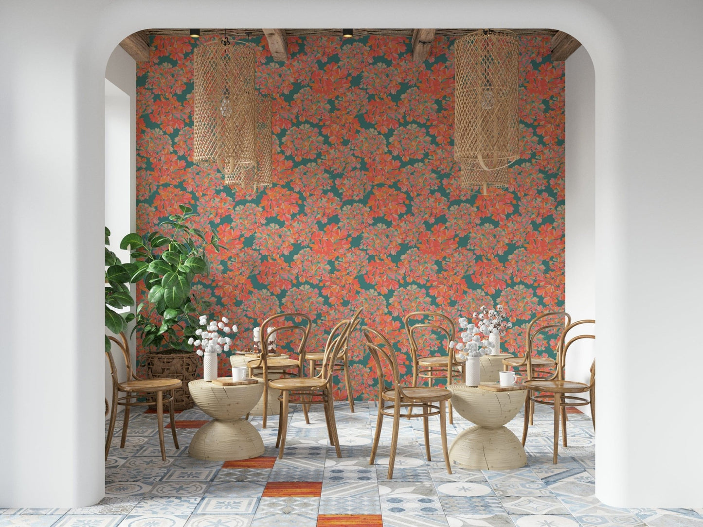 Vintage English floral motifs style this wall mural.