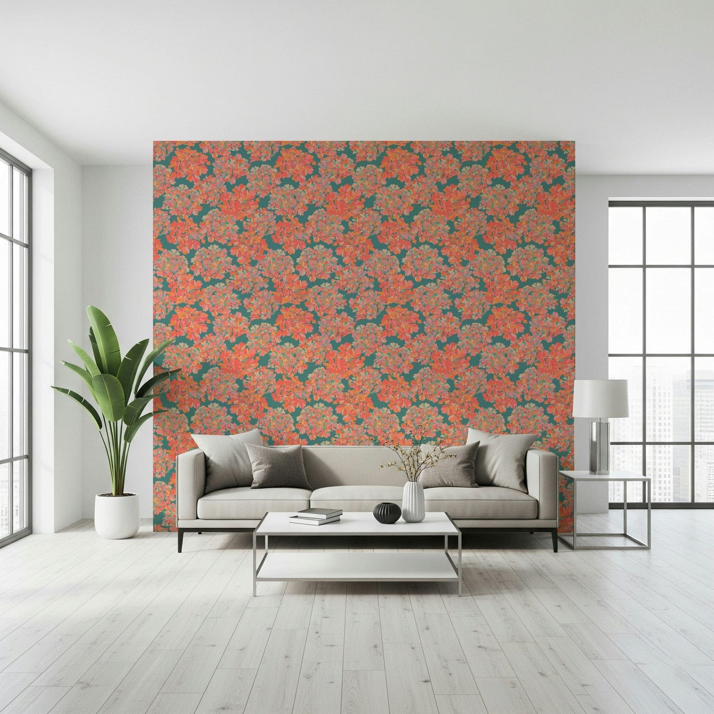 Sophisticated teal tones frame this floral wallpaper