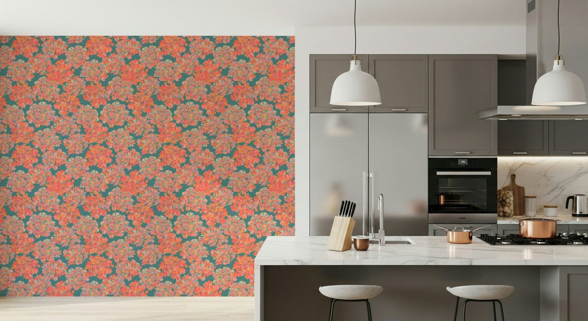 Antique apricot blossoms highlight this teal wallpaper