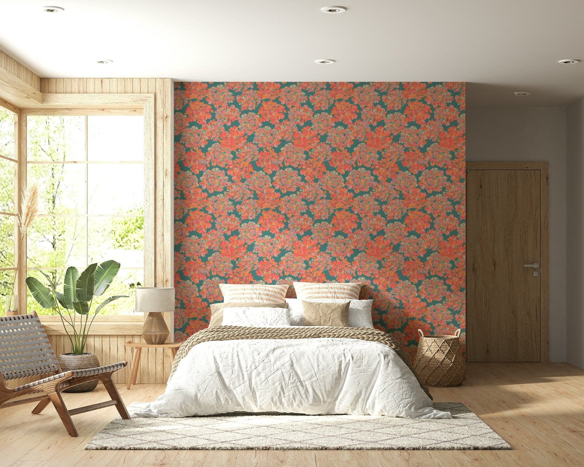 Artistic floral designs anchor this vintage wallpaper