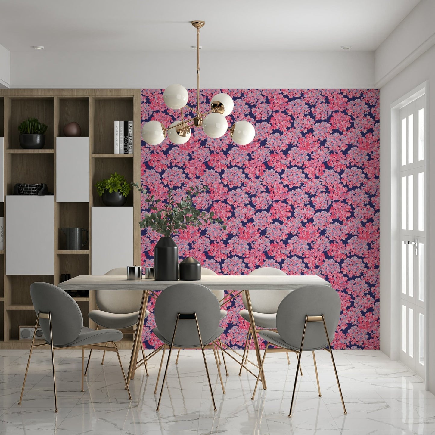 Antique floral design large blossoms. Wall mural Big Bloom Hydrangeas.