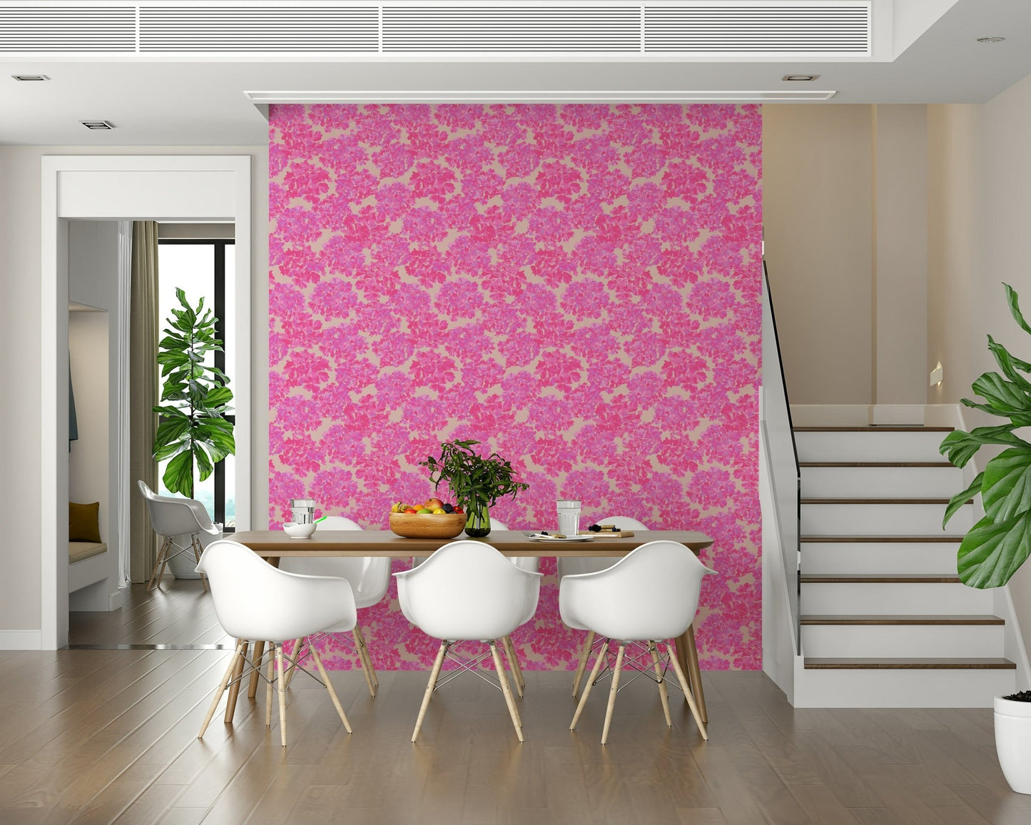 Romantic floral designs grace this pink wallpaper.