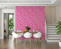 Romantic floral designs grace this pink wallpaper.