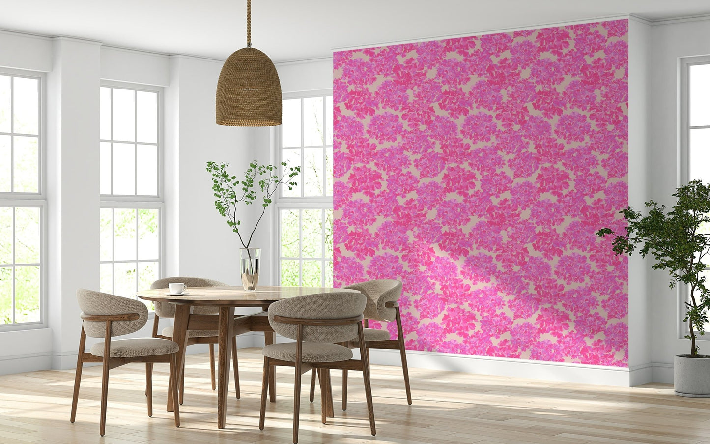 Bold lavender blooms characterize this floral wallpaper