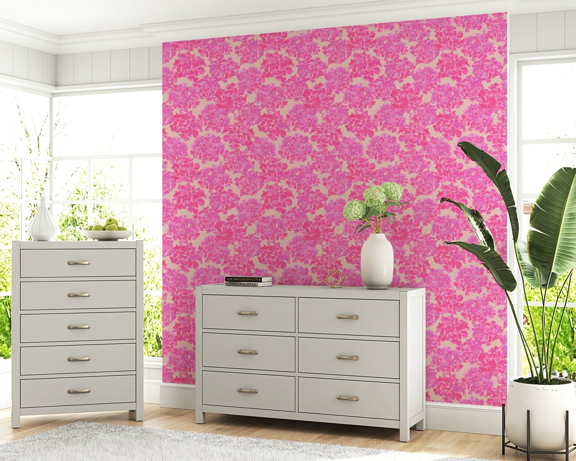 Artistic pink flower patterns style this wallpaper.