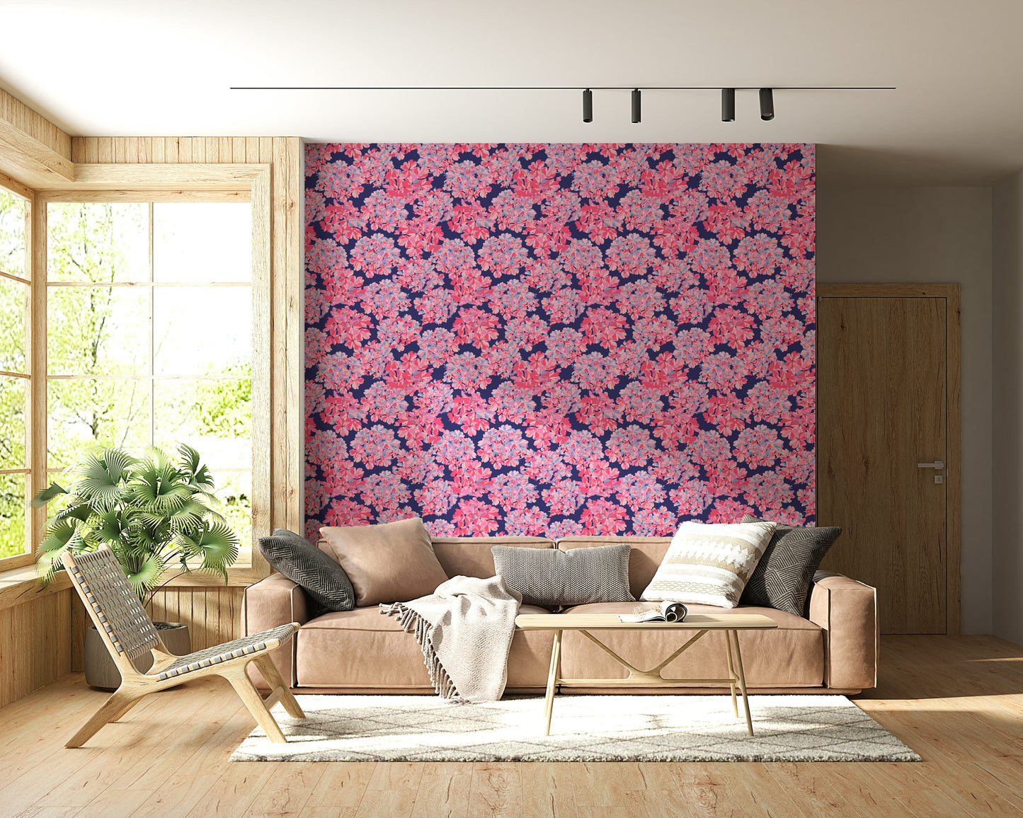 Pink Blue Blush Big Bloom Hydrangeas pattern. Removable wallpaper for home.