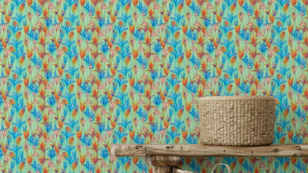 Big Bold Wildflowers Green wallpaper with blue and orange blooms behind a wooden bench and woven basket