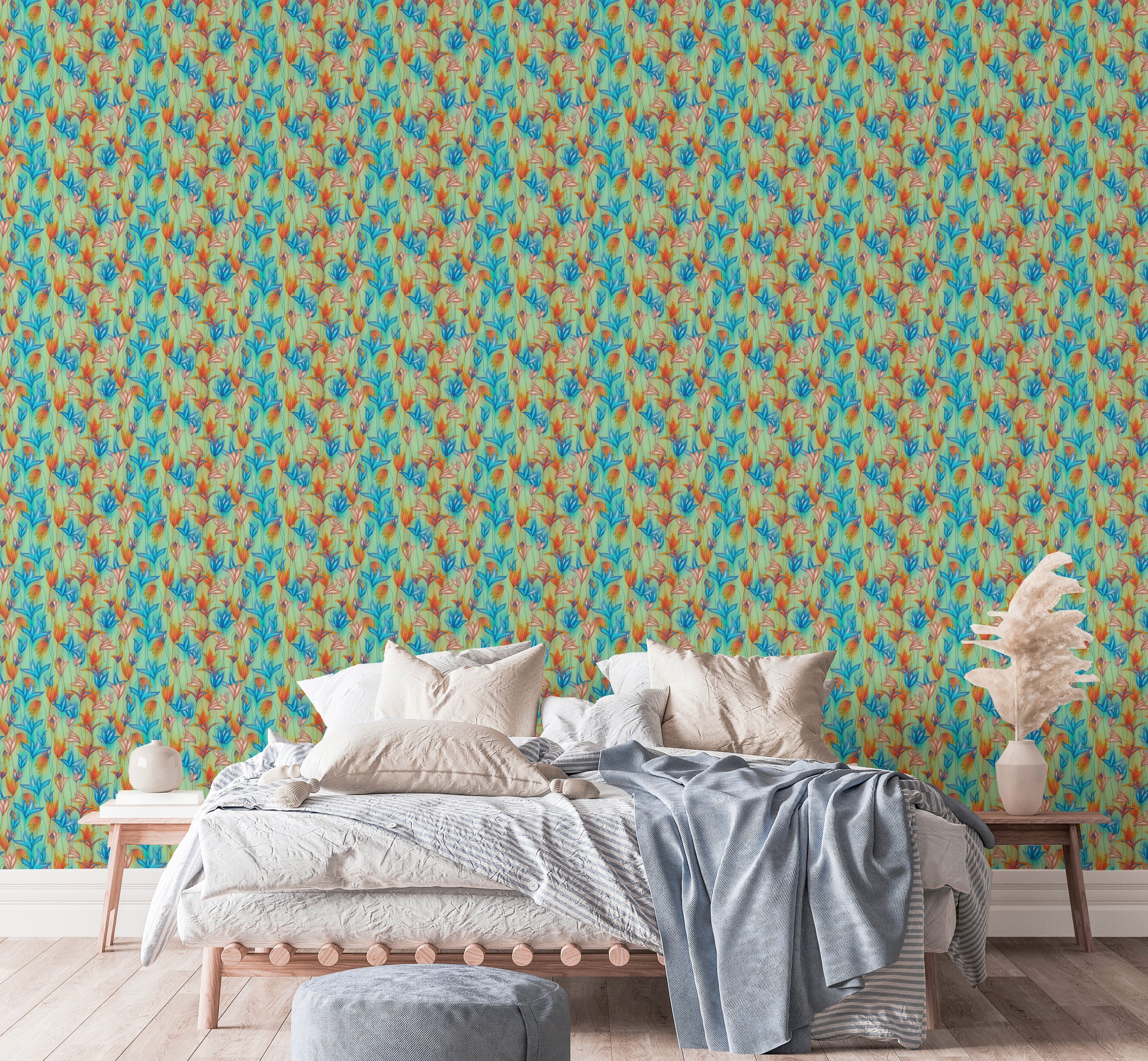 Big Bold Wildflowers Green wallpaper above a wooden platform bed with neutral bedding and a grey pouf
