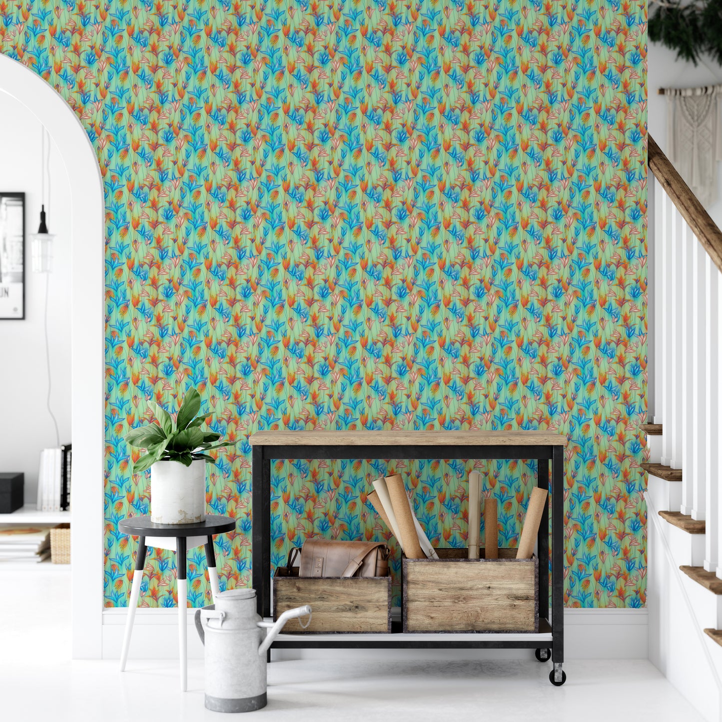 Big Bold Wildflowers Green wallpaper in an entryway with a black console cart, plant and staircase