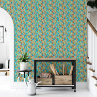 Big Bold Wildflowers Green wallpaper in an entryway with a black console cart, plant and staircase