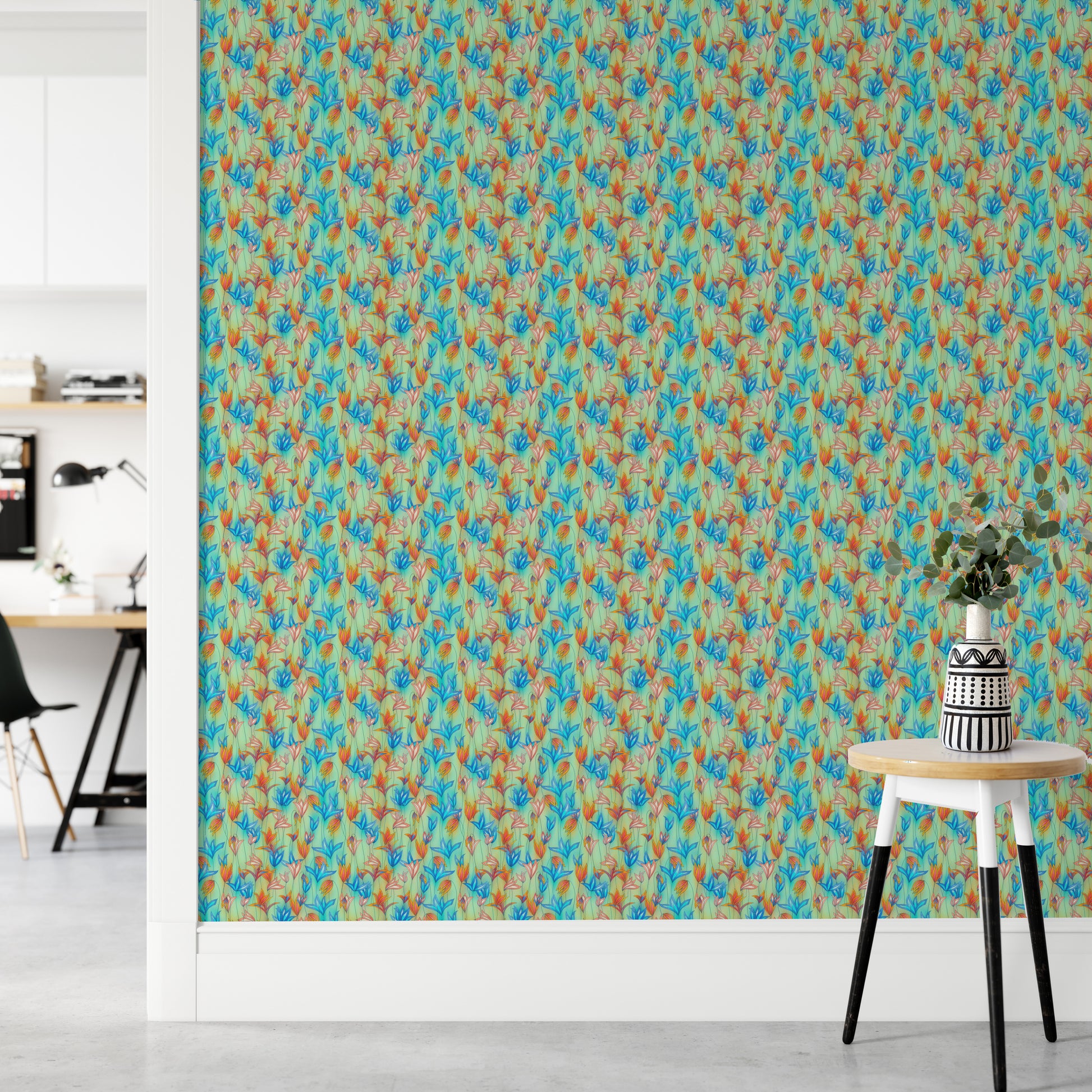 Big Bold Wildflowers Green wallpaper as a full-wall mural beside a home office desk and round stool