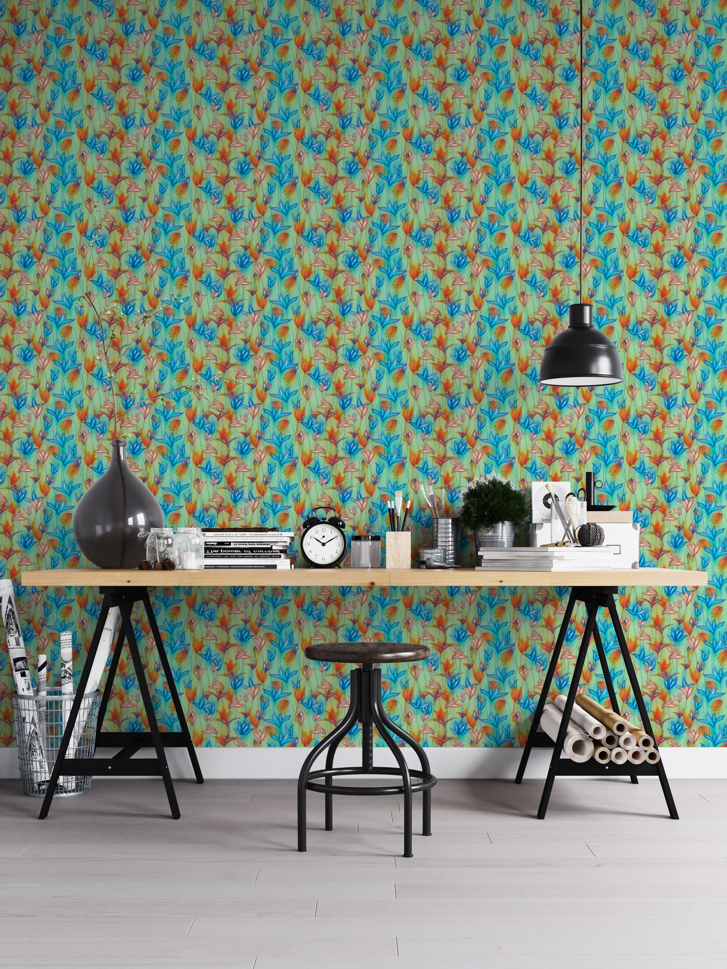 Big Bold Wildflowers Green wallpaper as a full-wall mural behind a trestle desk and stool in a home office