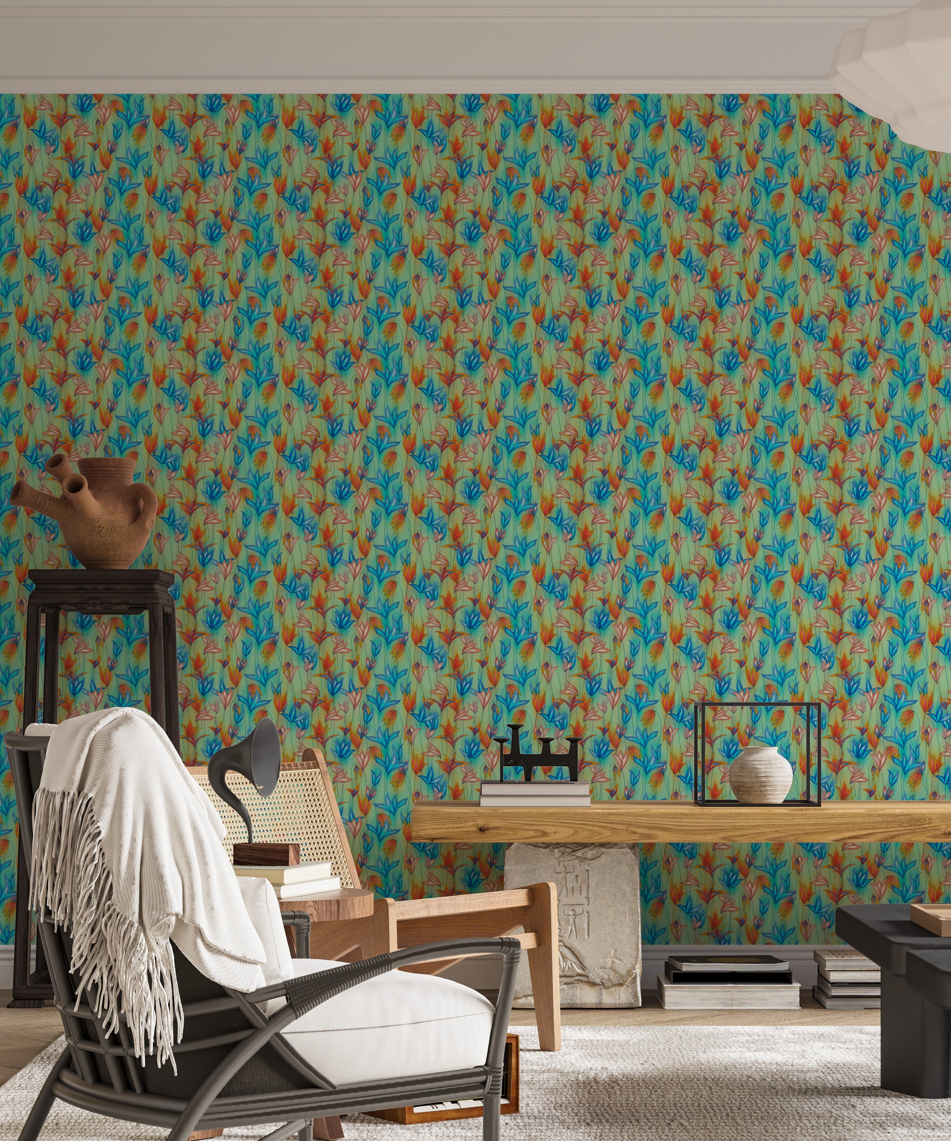 Big Bold Wildflowers Green wallpaper in a living room with a cane armchair, throw and terracotta urn