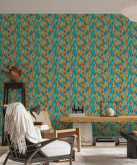 Big Bold Wildflowers Green wallpaper in a living room with a cane armchair, throw and terracotta urn