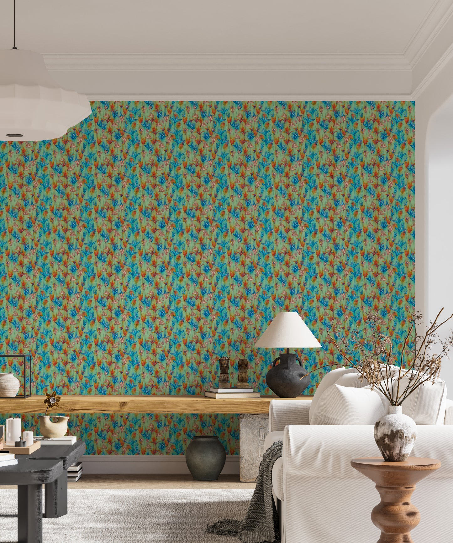 Big Bold Wildflowers Green wallpaper behind a white sofa and wooden console with a table lamp