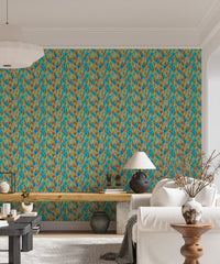 Big Bold Wildflowers Green wallpaper behind a white sofa and wooden console with a table lamp