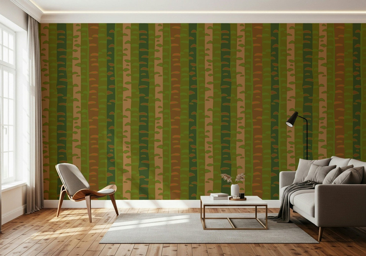 Vertical birch stripe pattern wallpaper for apartment hallway, earthy green brown