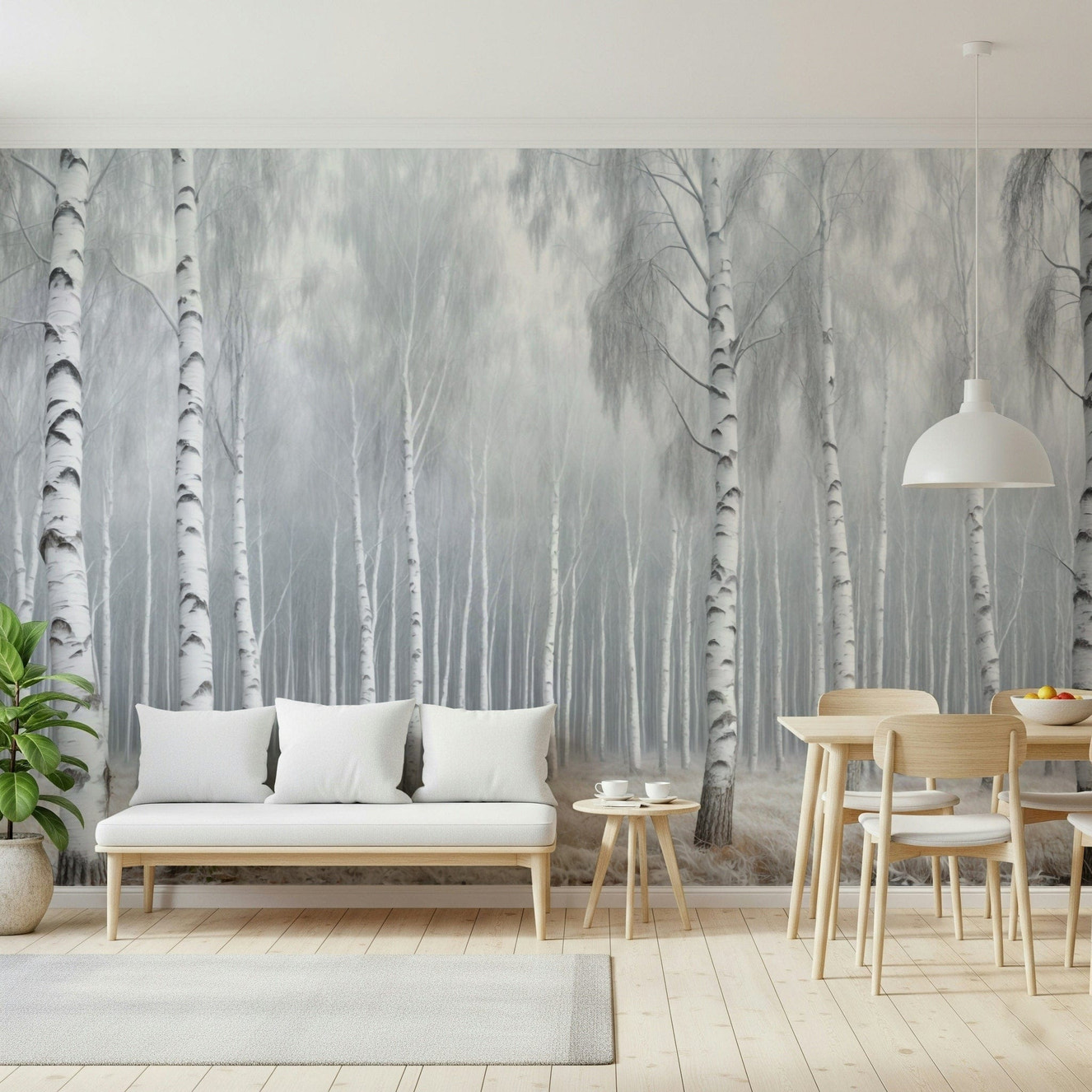 Birch forest wall mural in modern living room, soft neutral color palette, calming wall decor