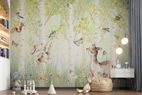 Birchwood Forest Friends Tales wallpaper mural of birch forest with a fawn and rabbit above a kids bed with wildflowers and toys