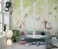 Birchwood Forest Friends Tales wallpaper mural of birch forest with a fawn behind a teal daybed and panda cushion in a kids room