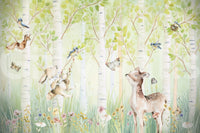 Birchwood Forest Friends Tales wallpaper mural close-up of a watercolor fawn, swinging rabbit and squirrel among birch trees
