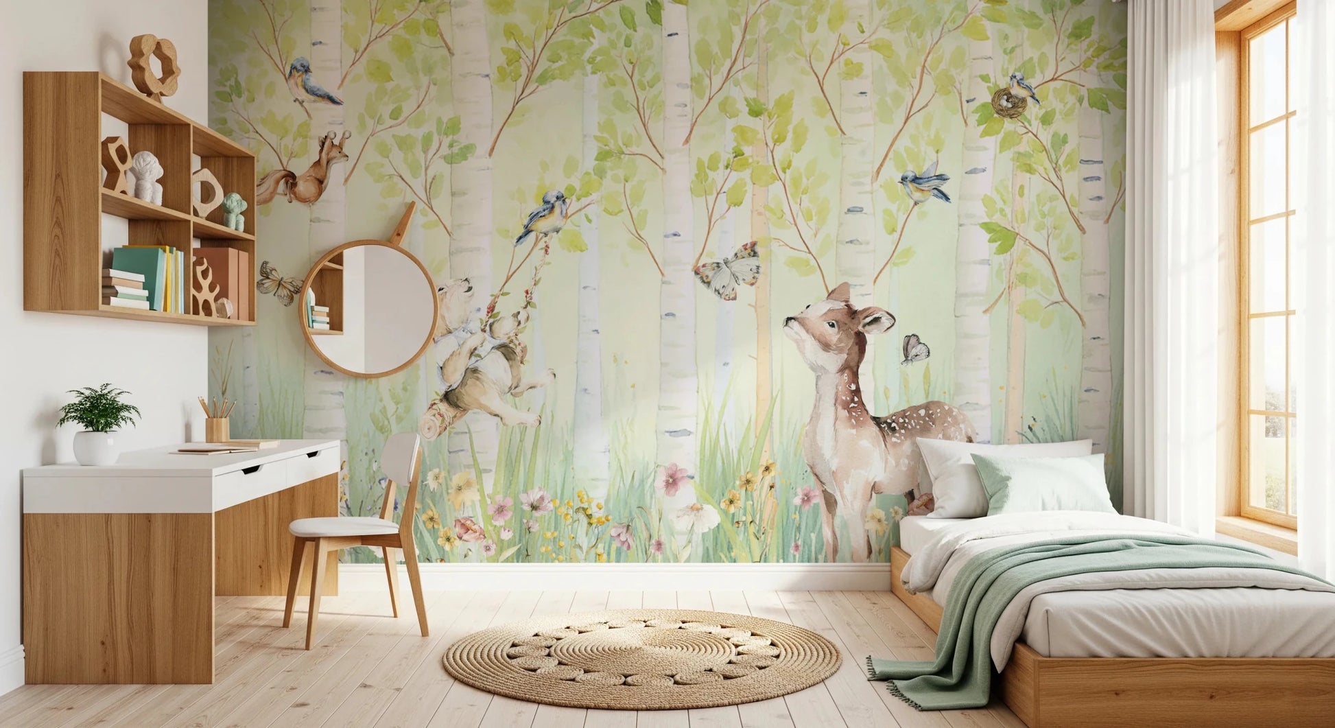 Birchwood Forest Friends Tales wallpaper mural of birch trees with a deer and birds beside a wooden desk and bed in a kids room