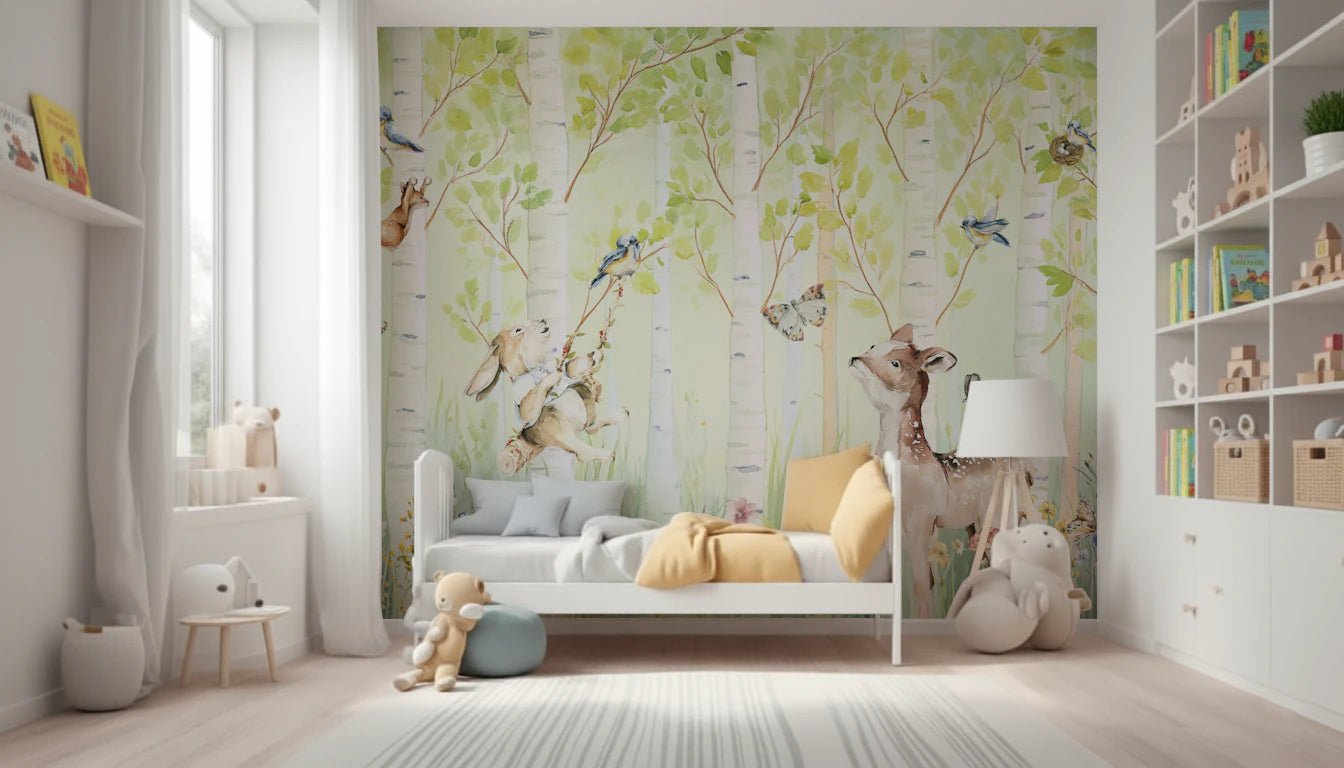 Birchwood Forest Friends Tales wallpaper mural of birch trees and a deer behind a white bed with yellow throw in a bright nursery