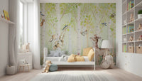 Birchwood Forest Friends Tales wallpaper mural of birch trees and a deer behind a white bed with yellow throw in a bright nursery