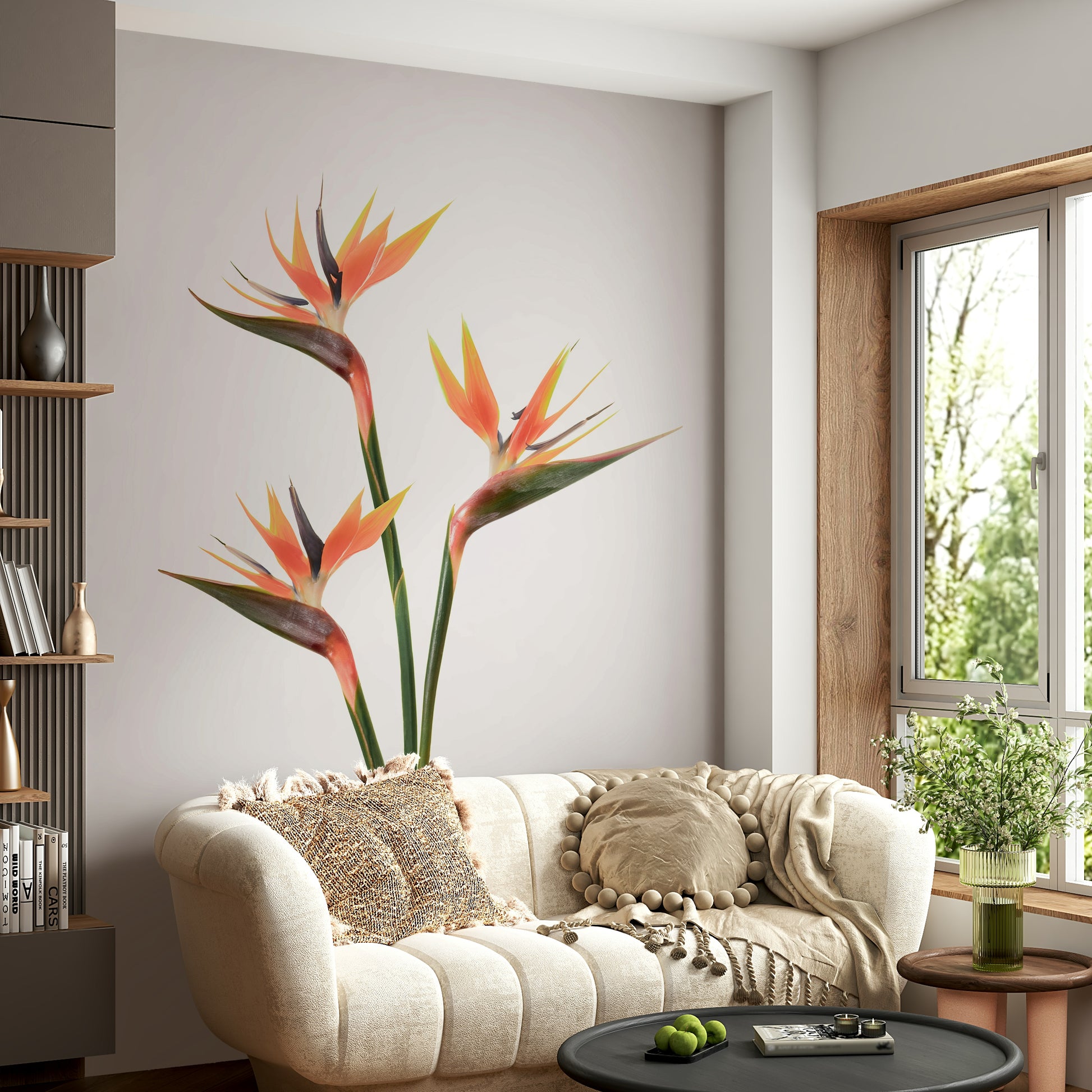 Eye-catching Bird of Paradise floral design on wall mural.

