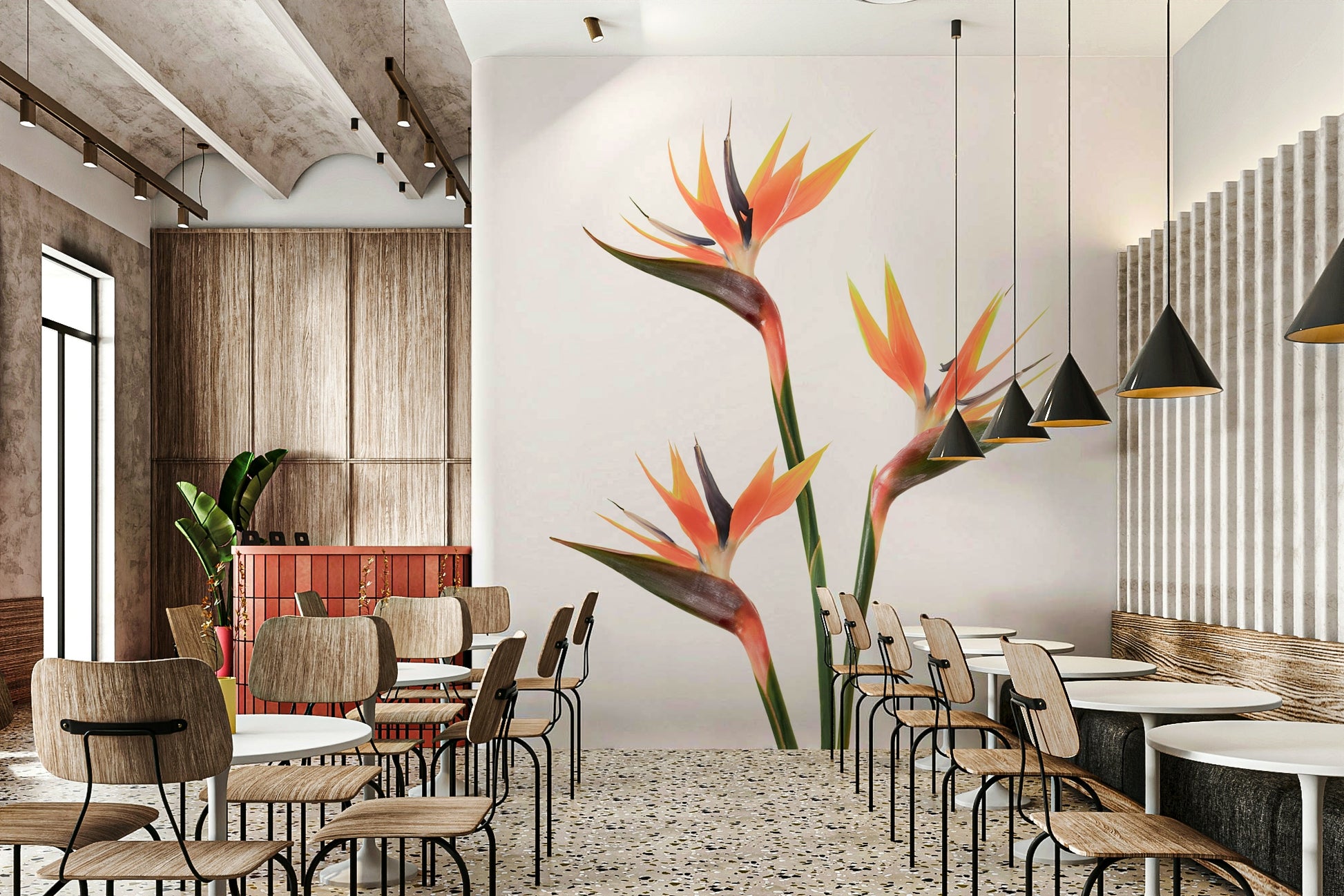 Beautiful Bird of Paradise flower design on wall mural.

