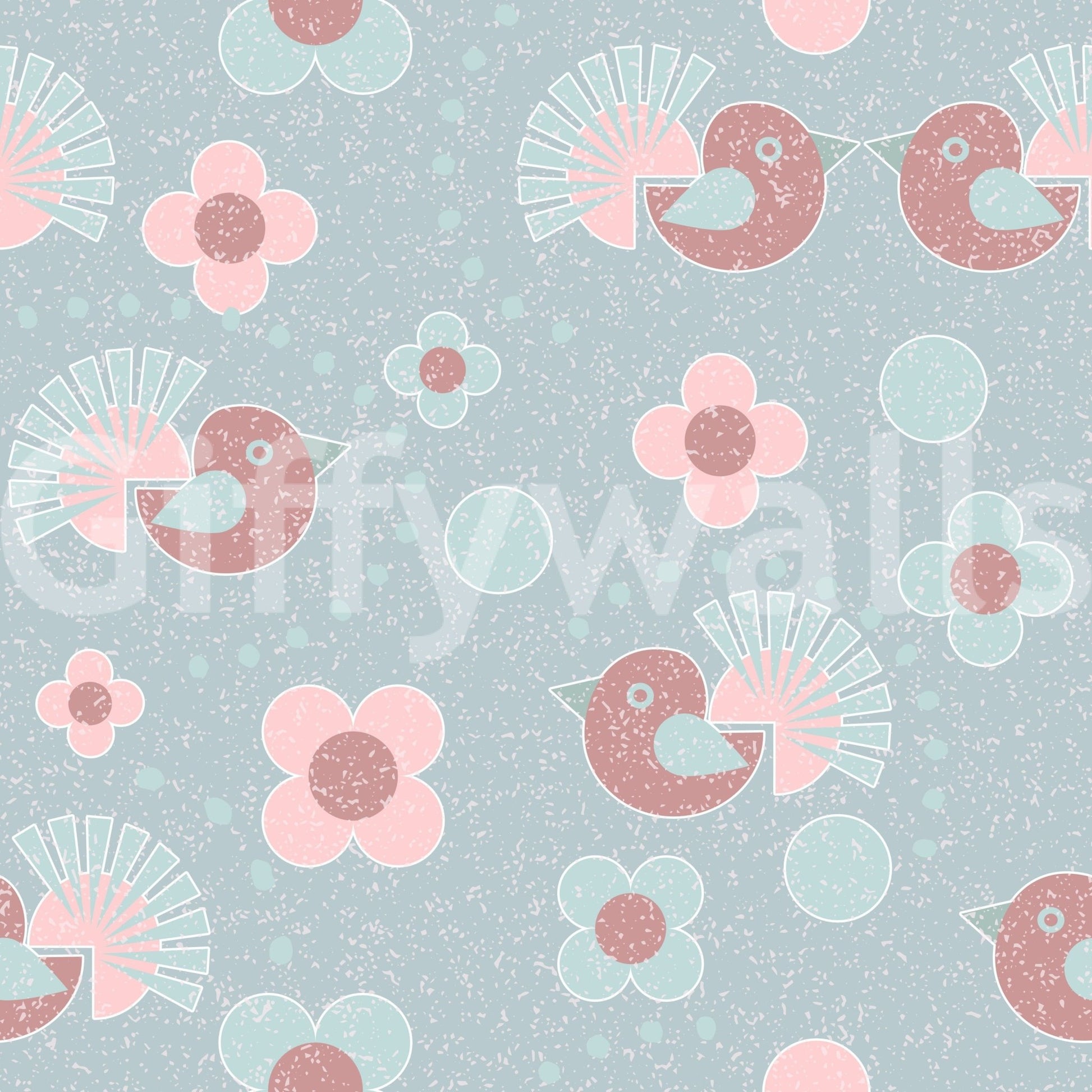 Birdie Blooms: Pastel Pop wallpaper close-up showing the pattern detail of mauve birds and pink flowers on dusty blue