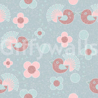 Birdie Blooms: Pastel Pop wallpaper close-up showing the pattern detail of mauve birds and pink flowers on dusty blue