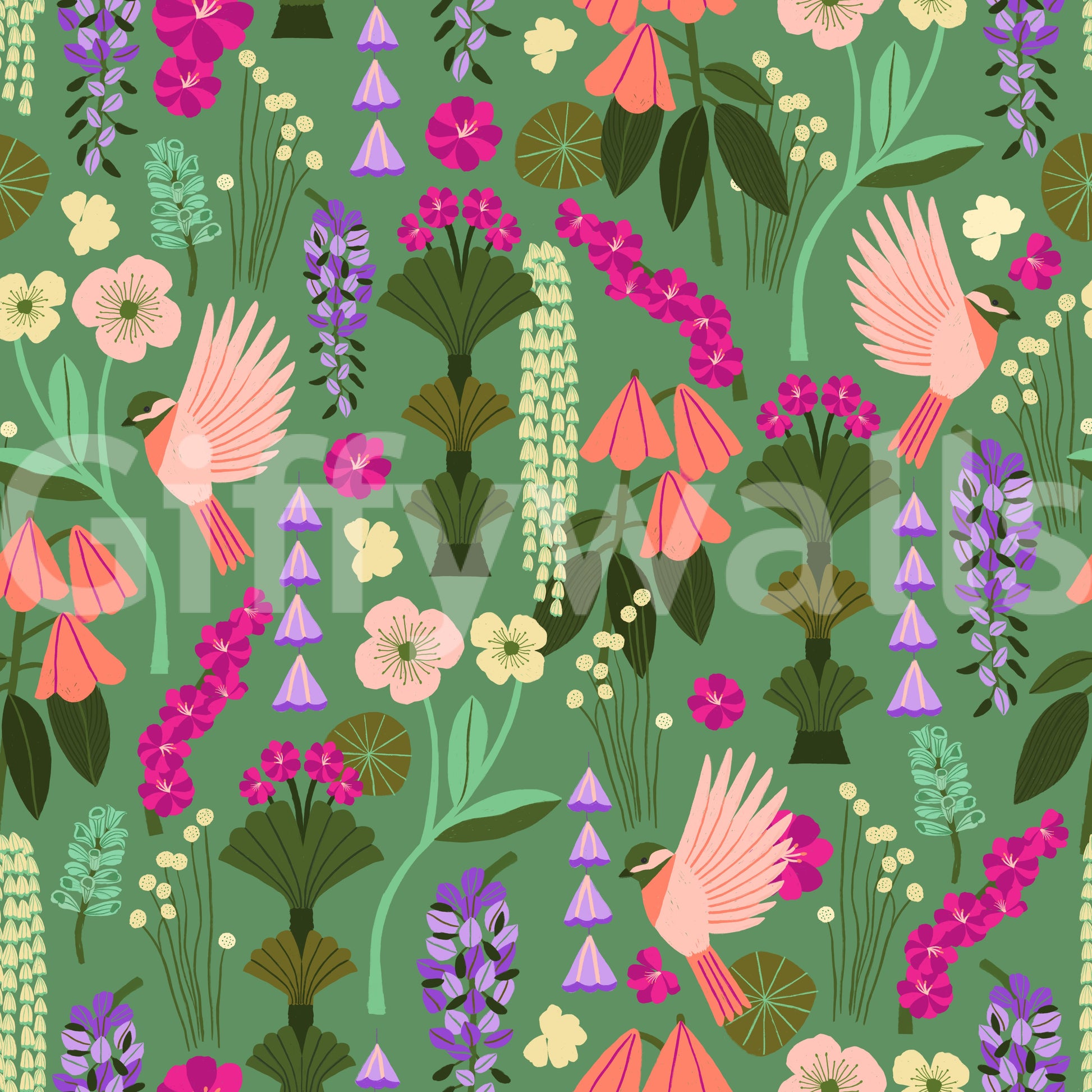 Serene wall design with blooming flowers and birds

