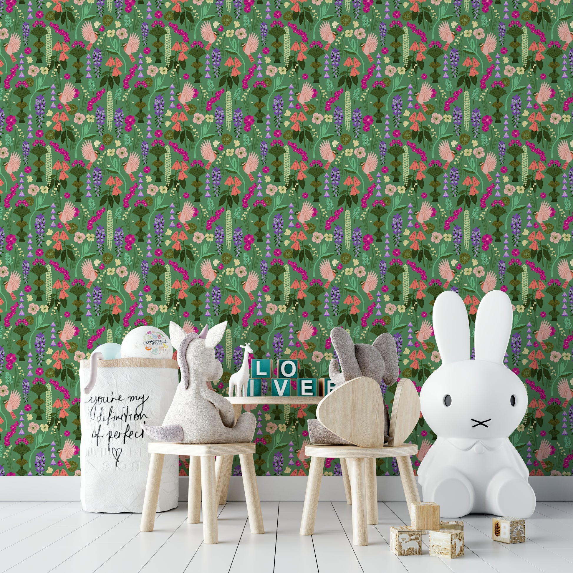 Peaceful interior with birds and blooms wallpaper


