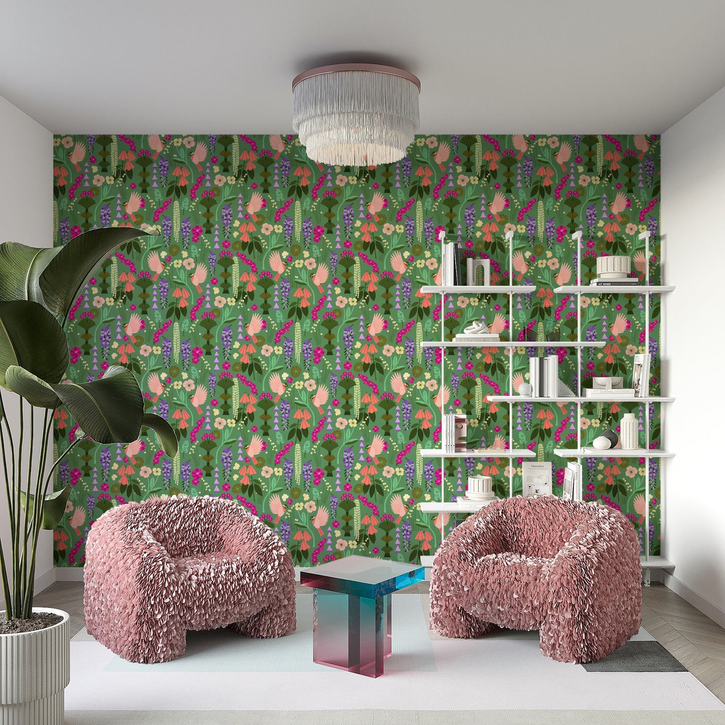 Garden-themed wall art with birds and floral motifs

