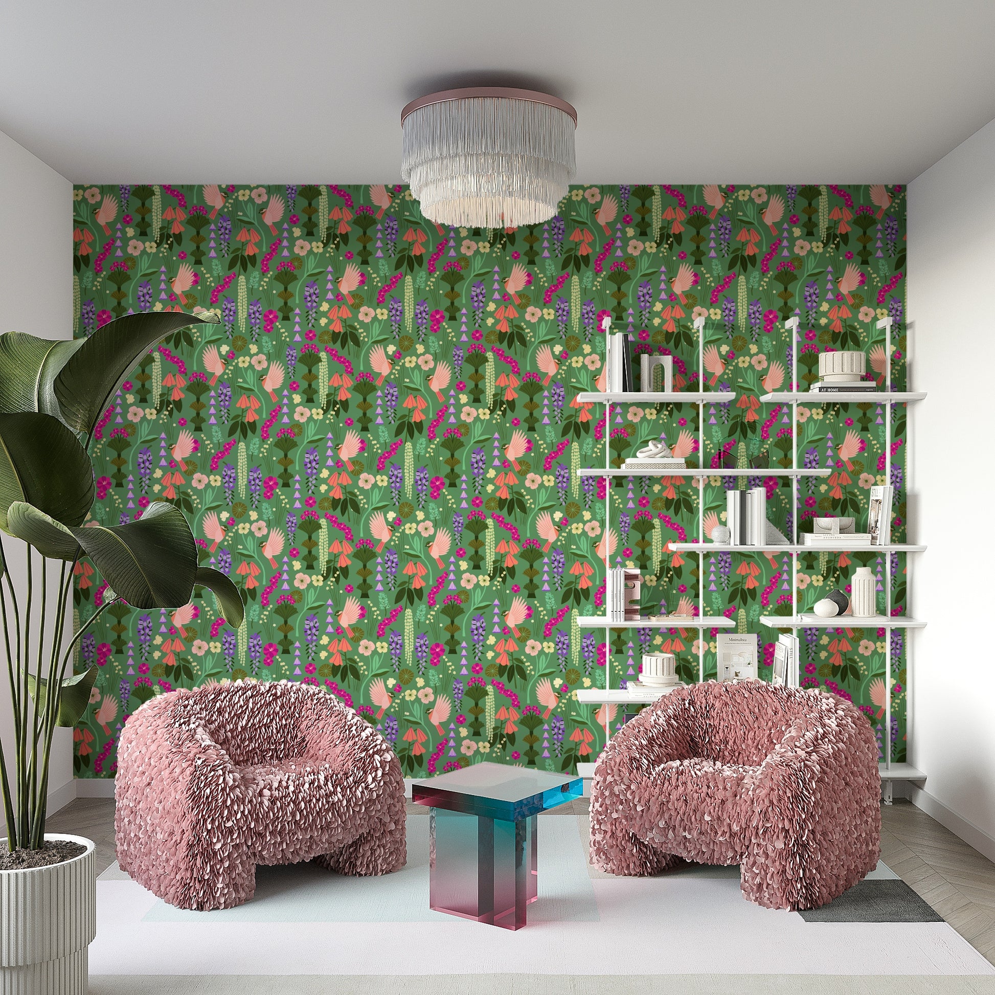 Garden-themed wall art with birds and floral motifs

