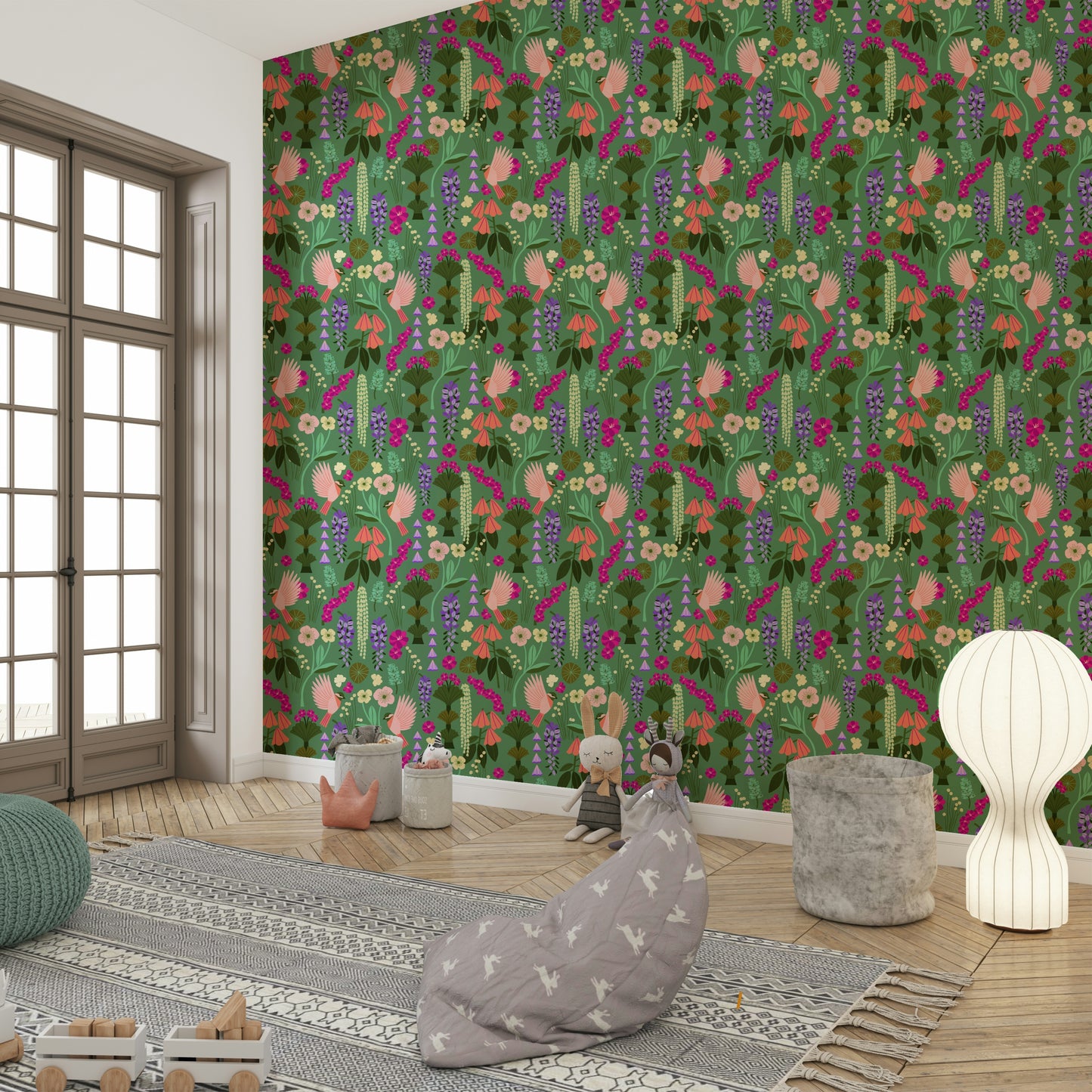 Romantic bedroom with birds and flower wallpaper

