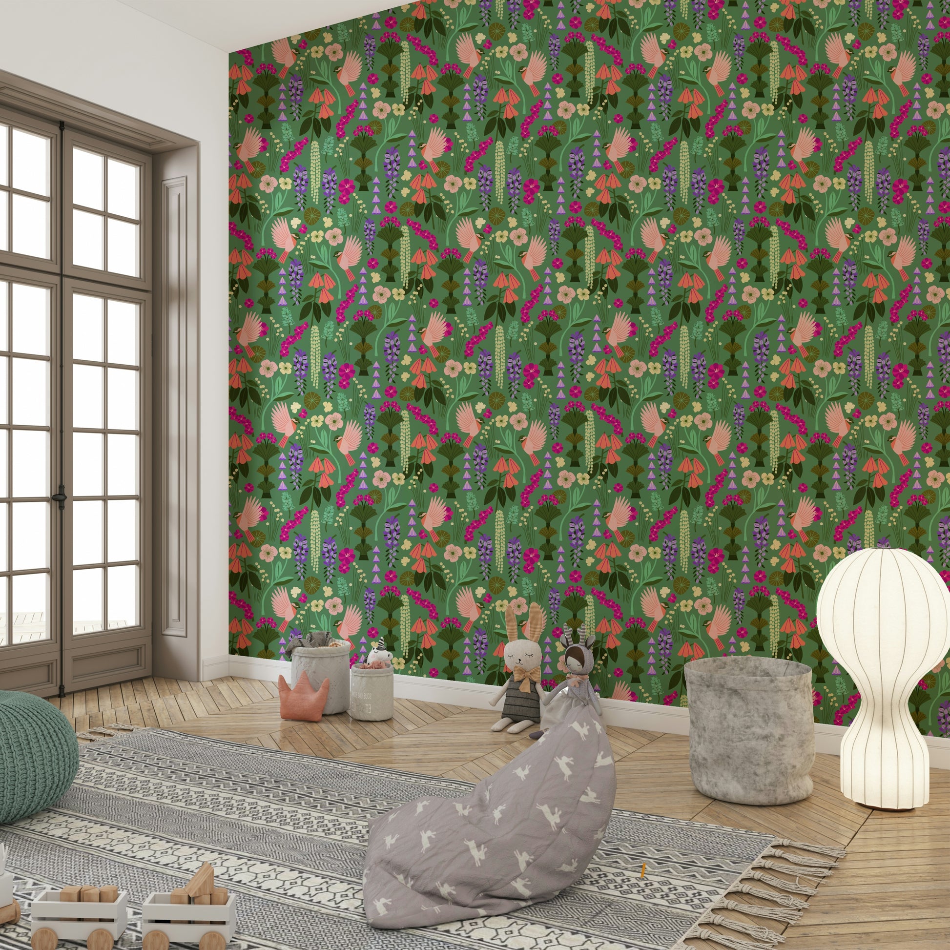 Romantic bedroom with birds and flower wallpaper

