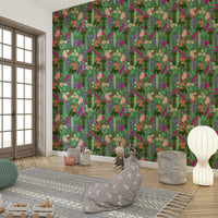 Romantic bedroom with birds and flower wallpaper

