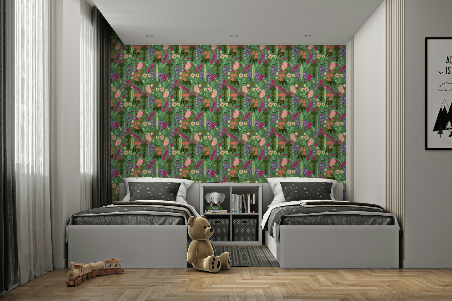 Birds & blooms wallpaper in soft pastel tones

